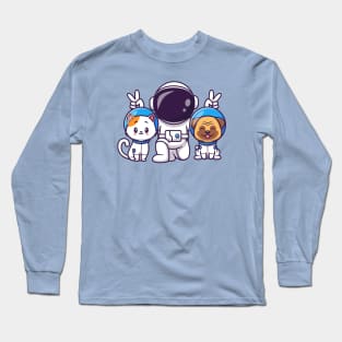 Cute Astronaut With Cat And Pug Dog Cartoon Long Sleeve T-Shirt